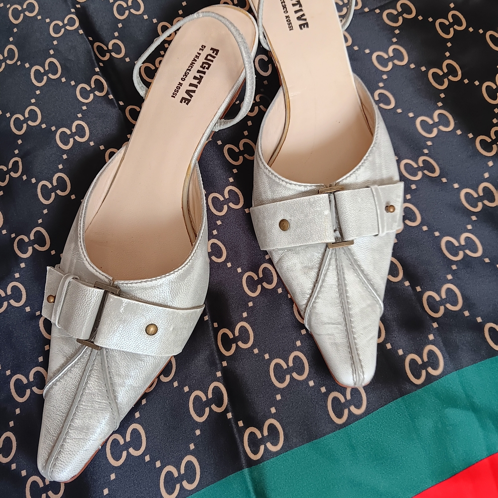 Silver Pointed-Toe Sling Back with Buckle